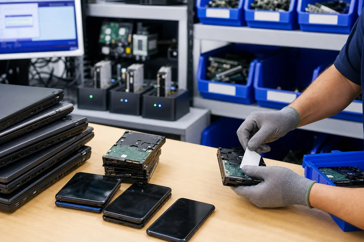 Organized electronics recycling and data wipe workbench