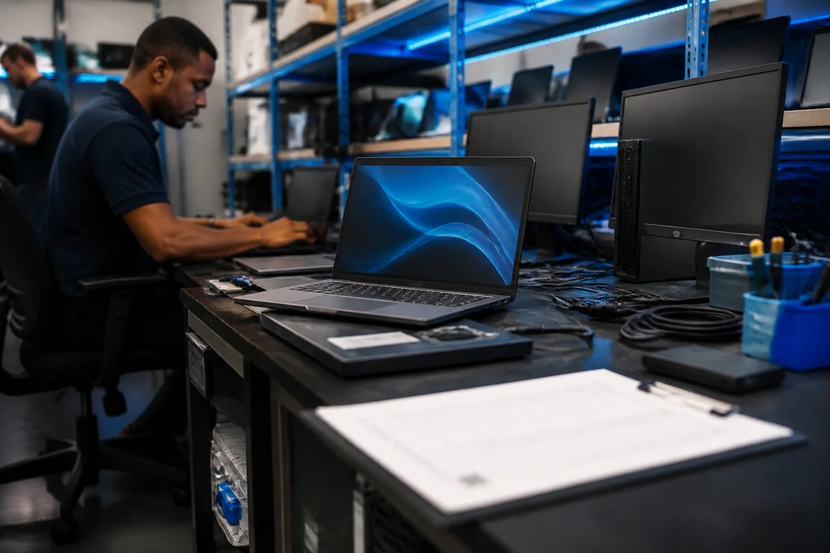 Refurbished laptops and desktops being inspected and tested