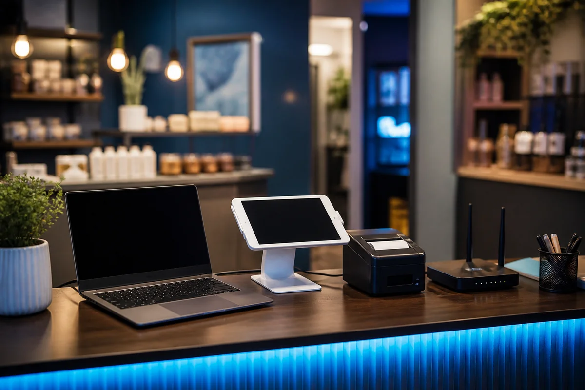 Small business front desk workstation with laptop, tablet, printer, and network gear